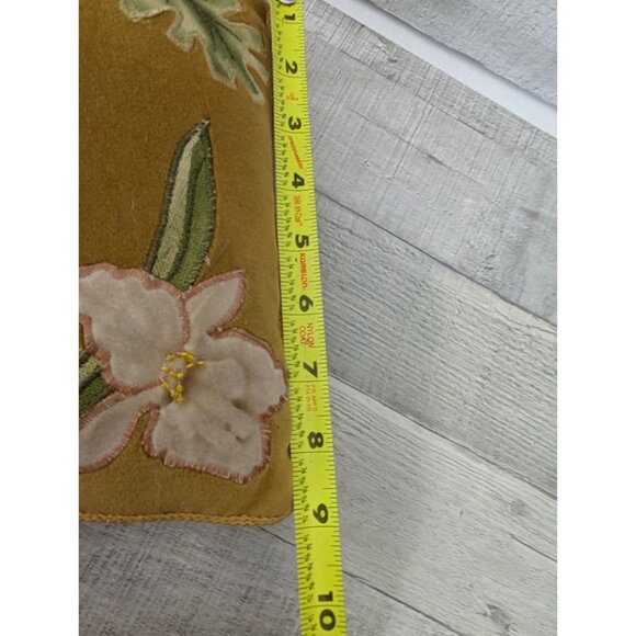 Vintage Yellow Velvet Throw Pillow With Floral Embroidery & Gold Cord Accent - Picture 8 of 8